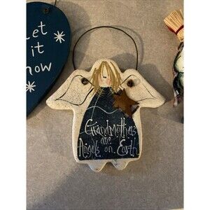 3 Christmas Snowmen  and  Angel Ornaments Country blue and cream